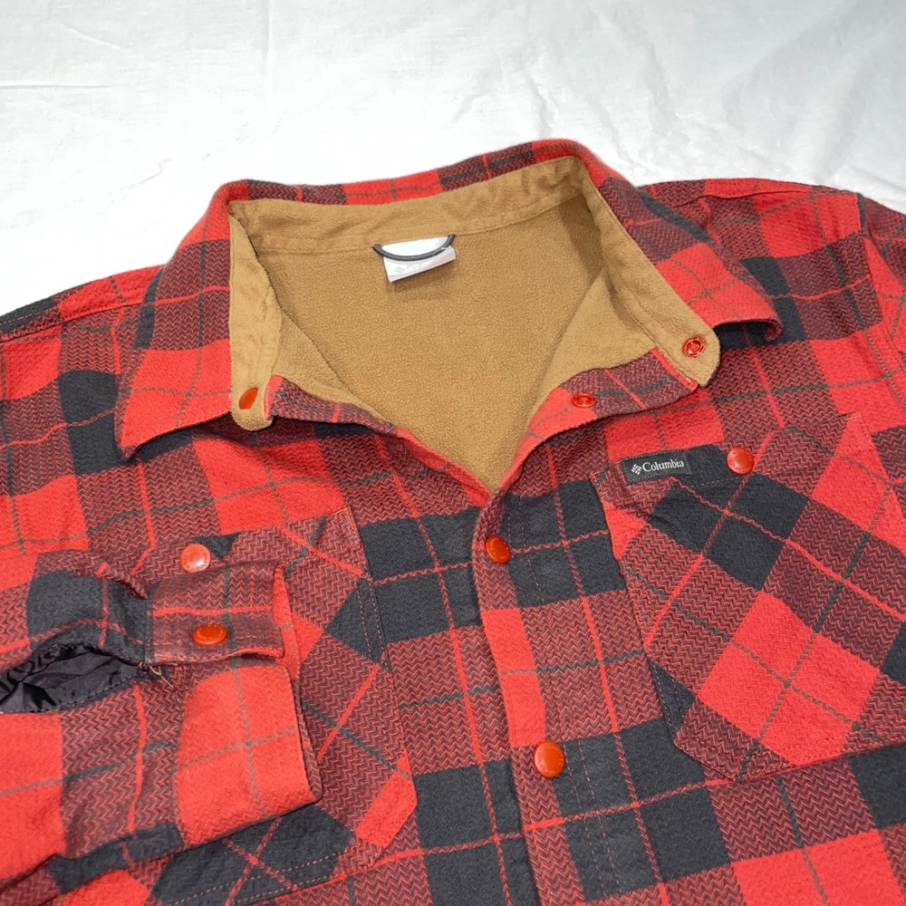 Columbia Mens Fleece Lined Plaid Shirt Jacket Red Black Buffalo Check Large